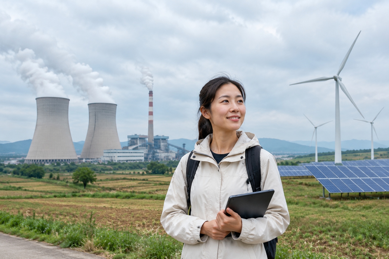 A coal power plant standing alongside wind turbines and solar panels in the same northern China landscape, showing old and new energy coexisting