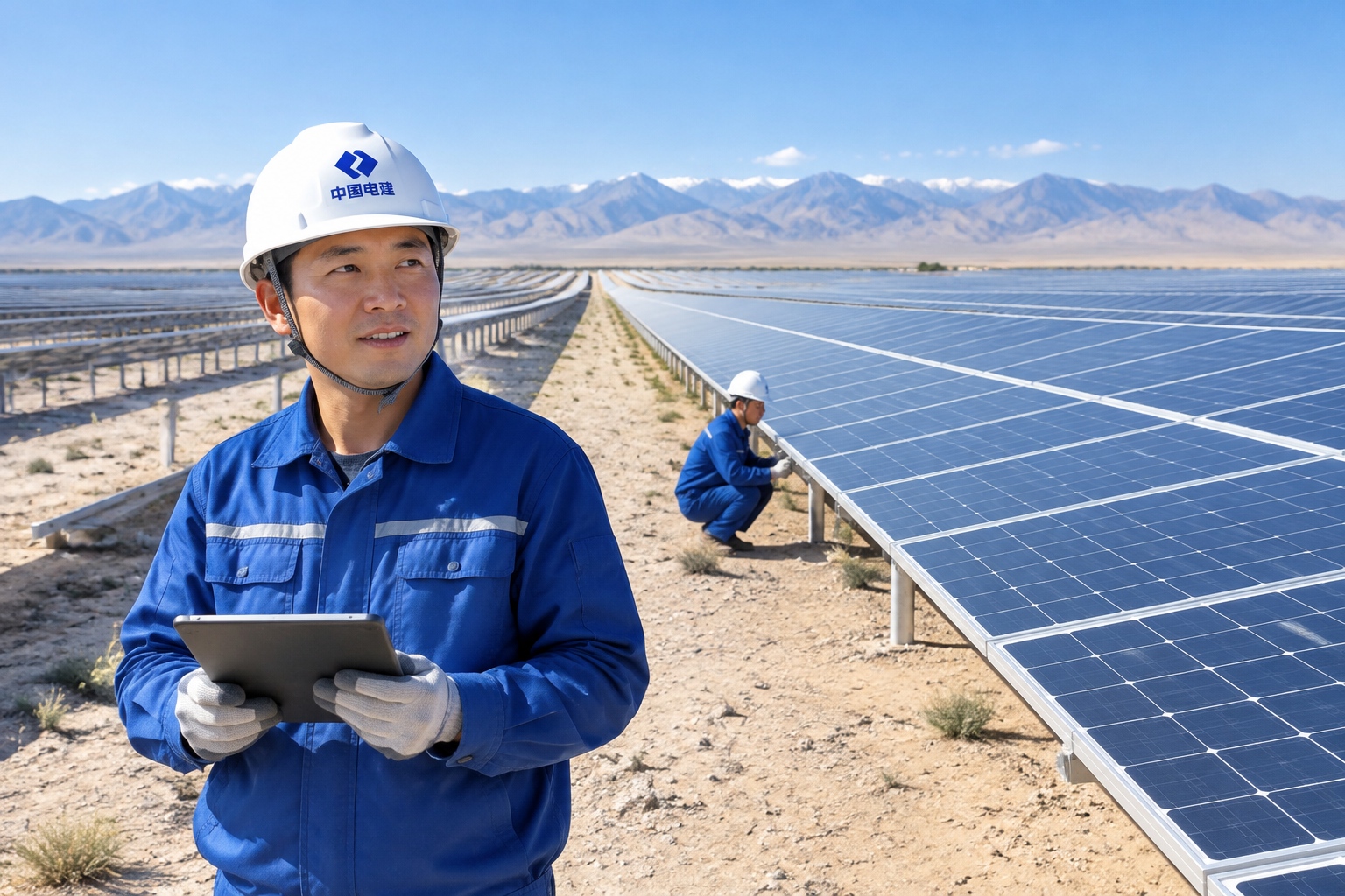 A vast solar farm covering flat desert land in northwestern China with mountains in the distance under a clear blue sky