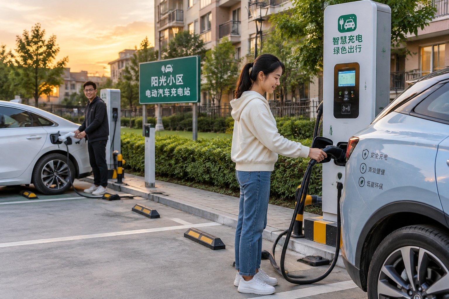 Electric cars charging at a public station inside a Chinese apartment compound in the evening as residents plug in their vehicles