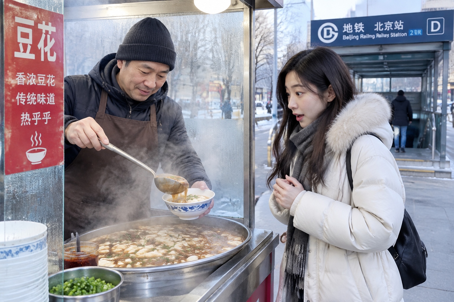 A vendor serving northern-style savory tofu pudding with brown gravy at a steamy Beijing street breakfast stall on a cold morning