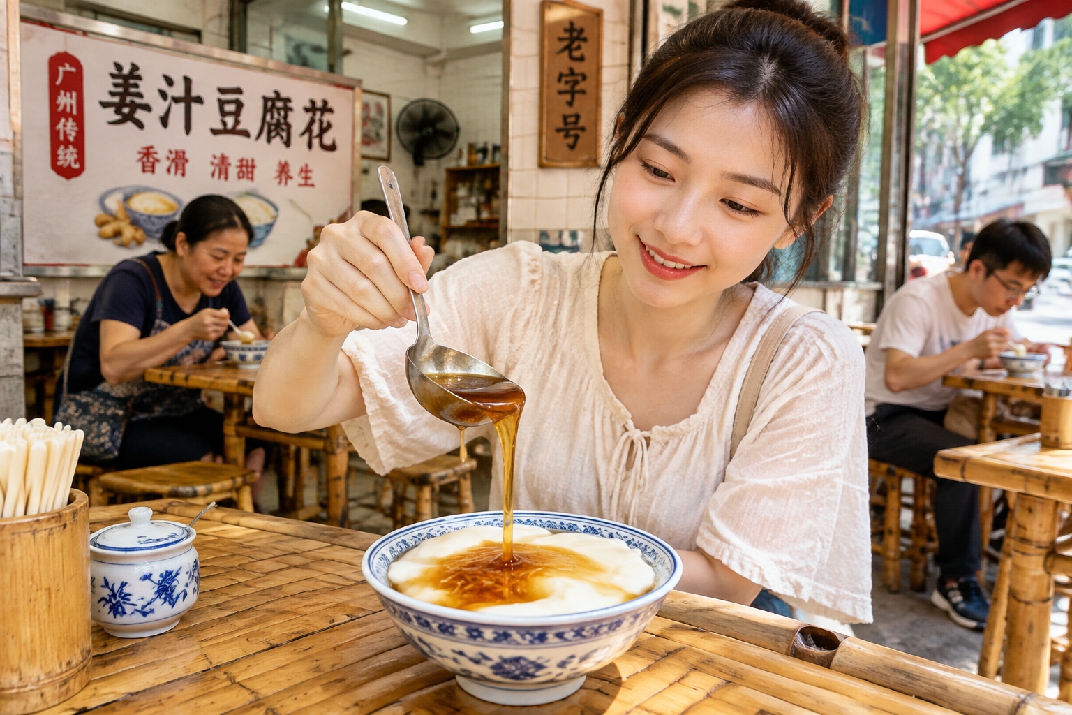 A bowl of smooth southern-style sweet tofu pudding being topped with ginger syrup at a Guangzhou dessert shop