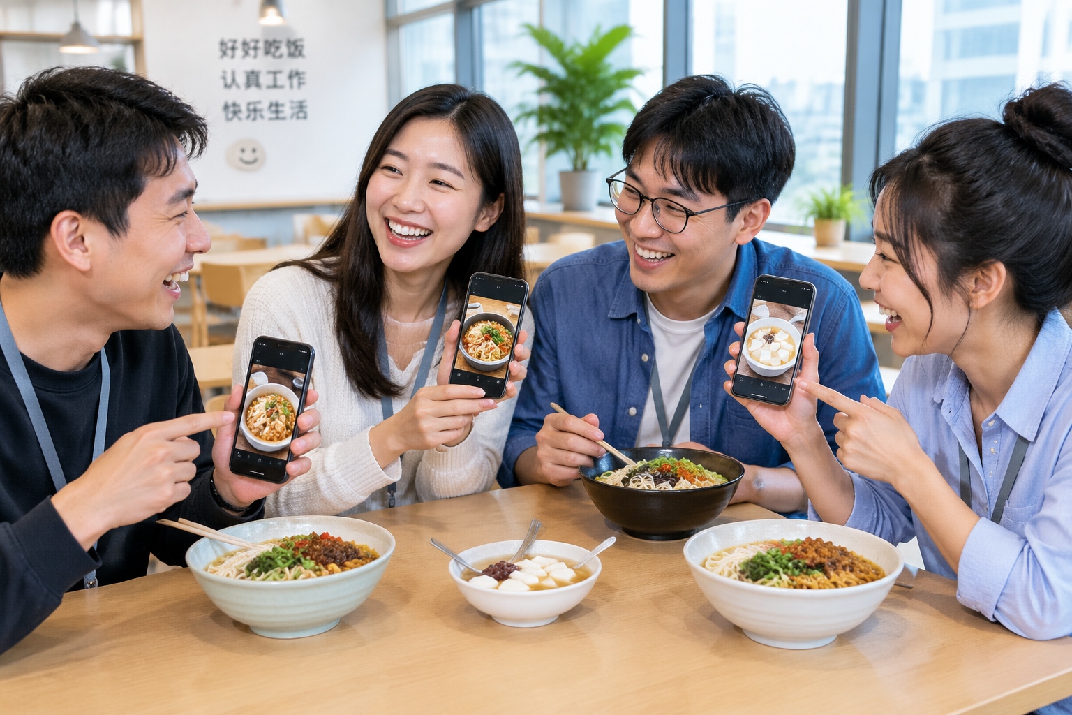 Young Chinese coworkers laughing and comparing food photos on their phones over lunch in a modern office cafeteria