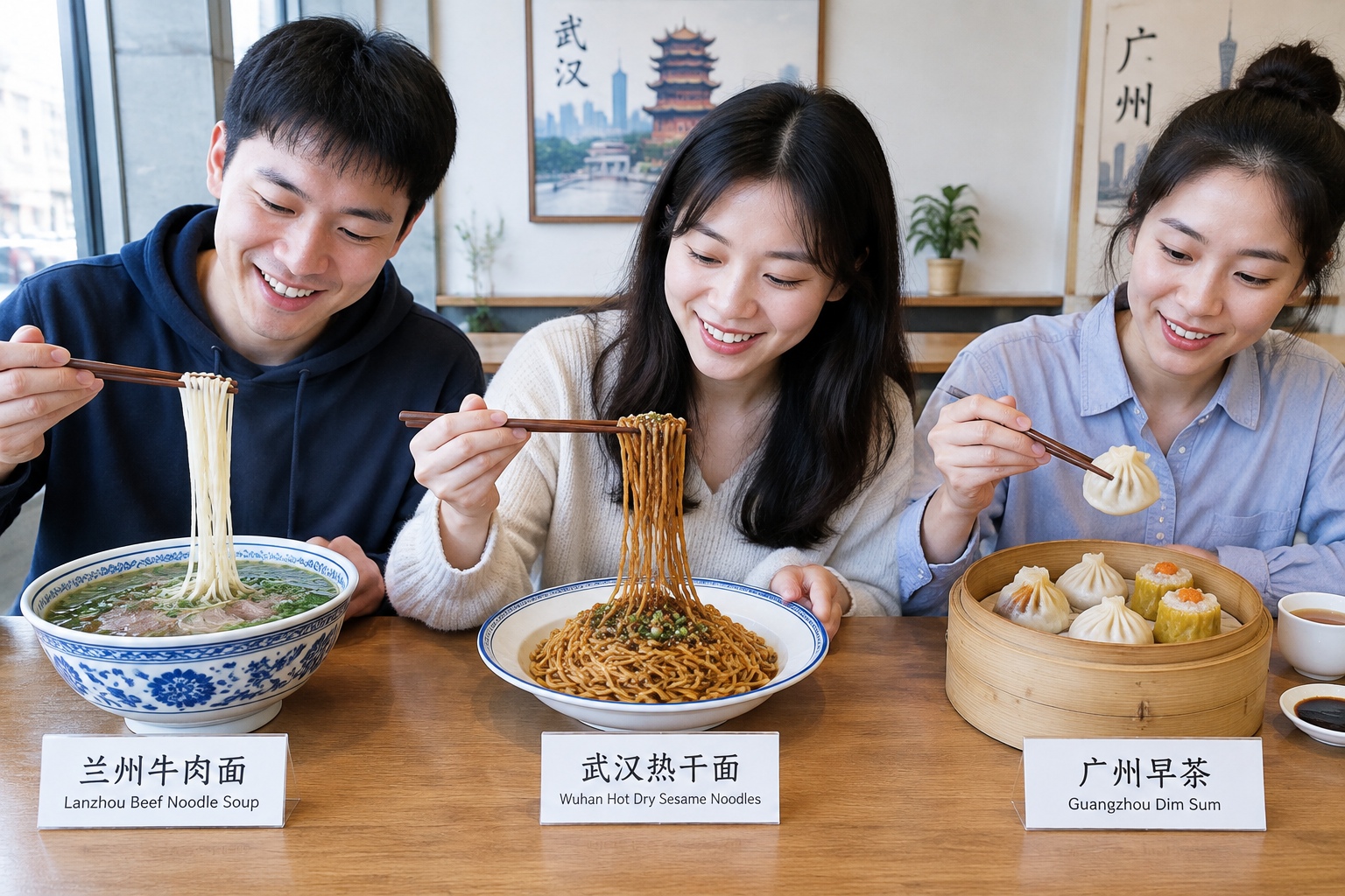 Three regional Chinese breakfasts on one table: Lanzhou beef noodle soup, Wuhan hot dry noodles, and Guangzhou dim sum