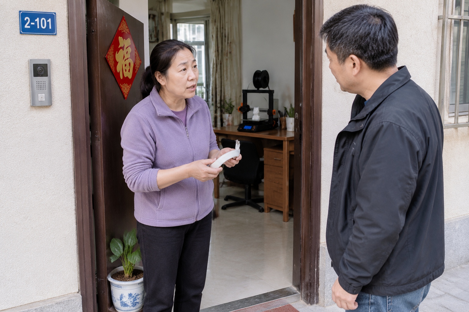 A neighbor stands at the open door of a ground-floor apartment in Nanjing, holding a broken rice cooker handle, while a 3D printer operates inside on a wooden desk.