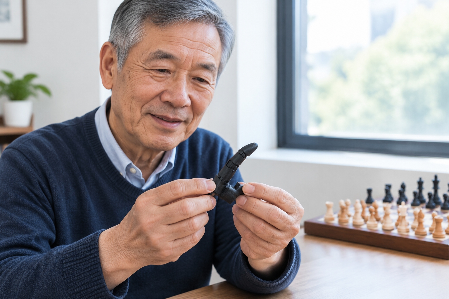 Close-up of an elderly Chinese man's hands holding a 3D-printed prosthetic finger made of flexible black material, with a chessboard visible in the background.