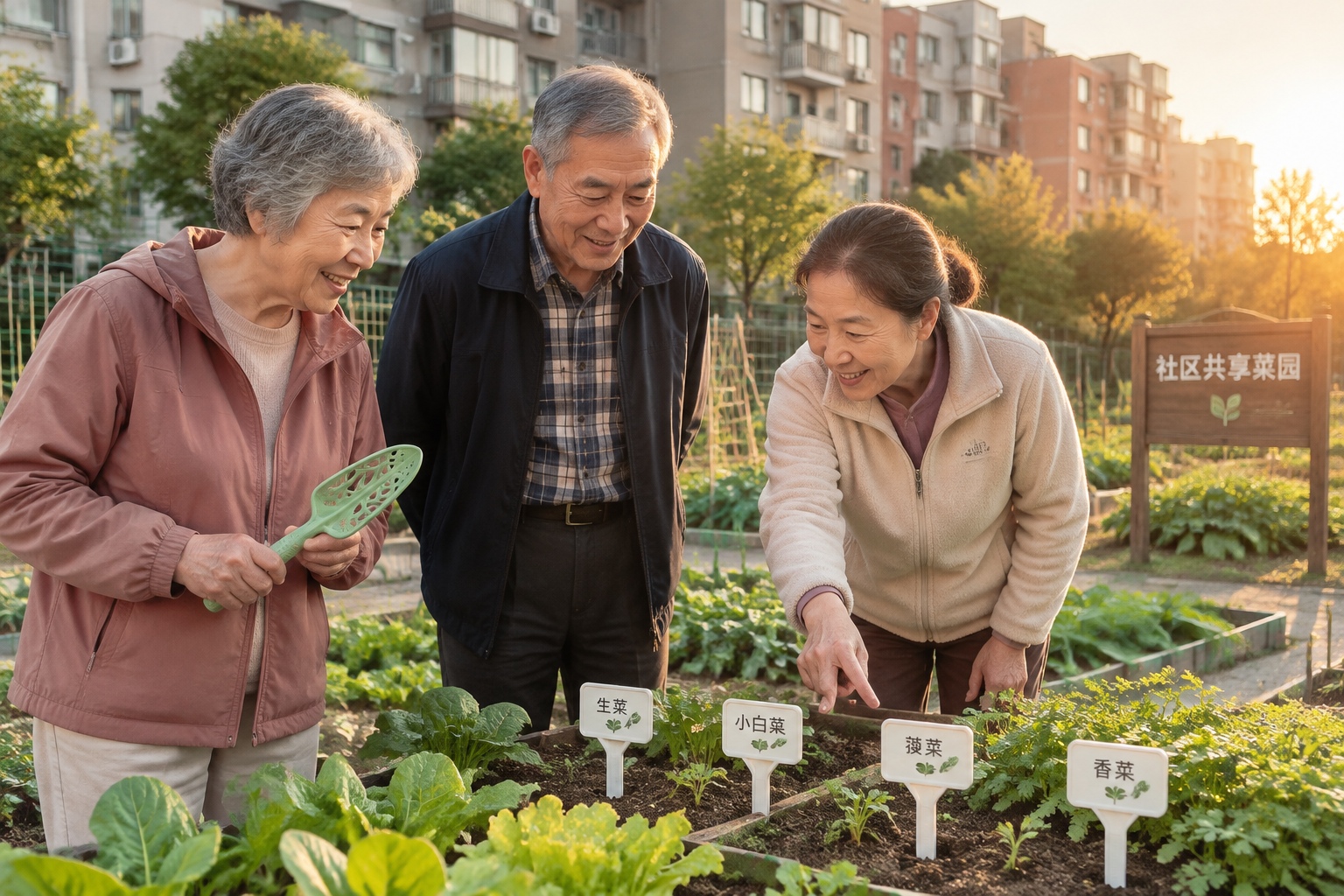 Retirees in a community garden behind a Chinese apartment building use 3D-printed garden tools and plant labels in the late afternoon light.