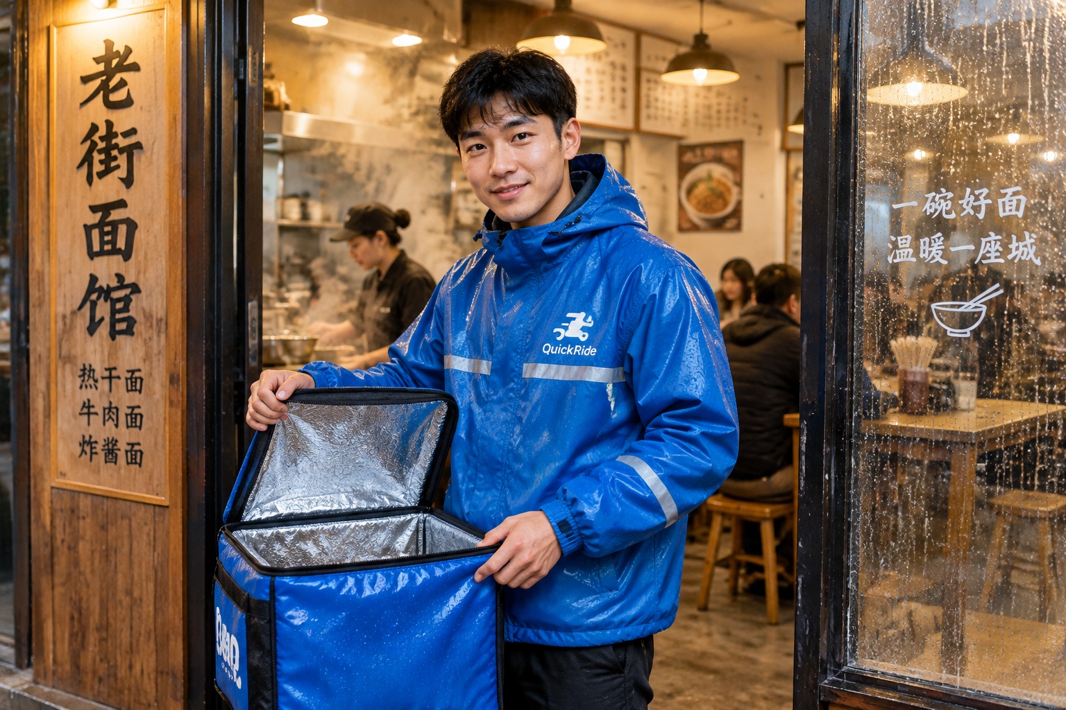 A food delivery rider waits in the doorway of a small noodle restaurant at night, holding an open insulated bag while the kitchen finishes an order in the rain.
