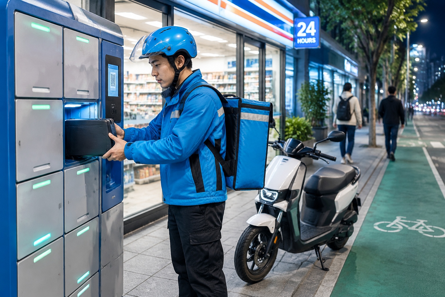 A delivery rider swaps a dead e-bike battery for a charged one at a battery-swap cabinet outside a 24-hour convenience store at night in Beijing.