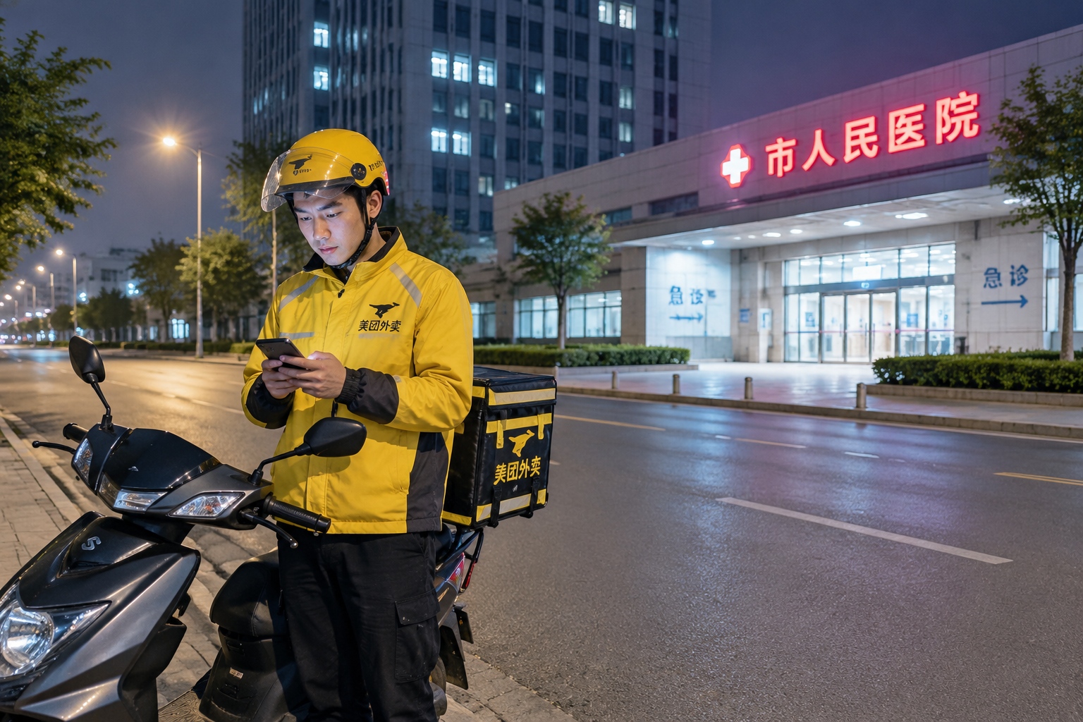 A delivery rider checks his phone on an empty city street at 1 a.m. with a few lit office windows and a hospital entrance behind him.