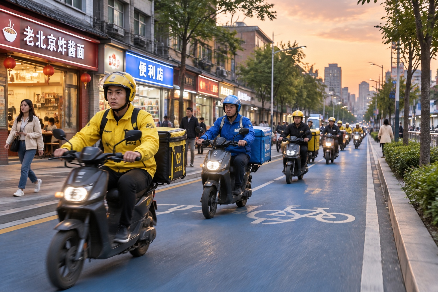 Dozens of delivery riders on electric scooters fill a wide painted bike lane at dusk in a dense Chinese city, insulated food boxes strapped to the back.
