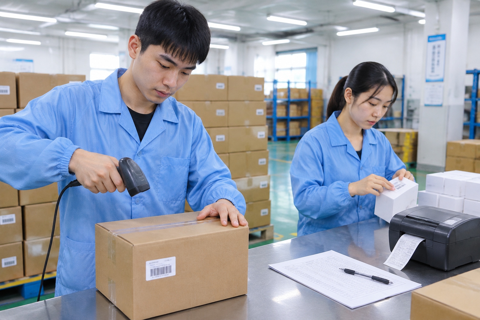 A young worker scans a sealed carton in a Shenzhen electronics factory packing area while a colleague labels a small white device box.