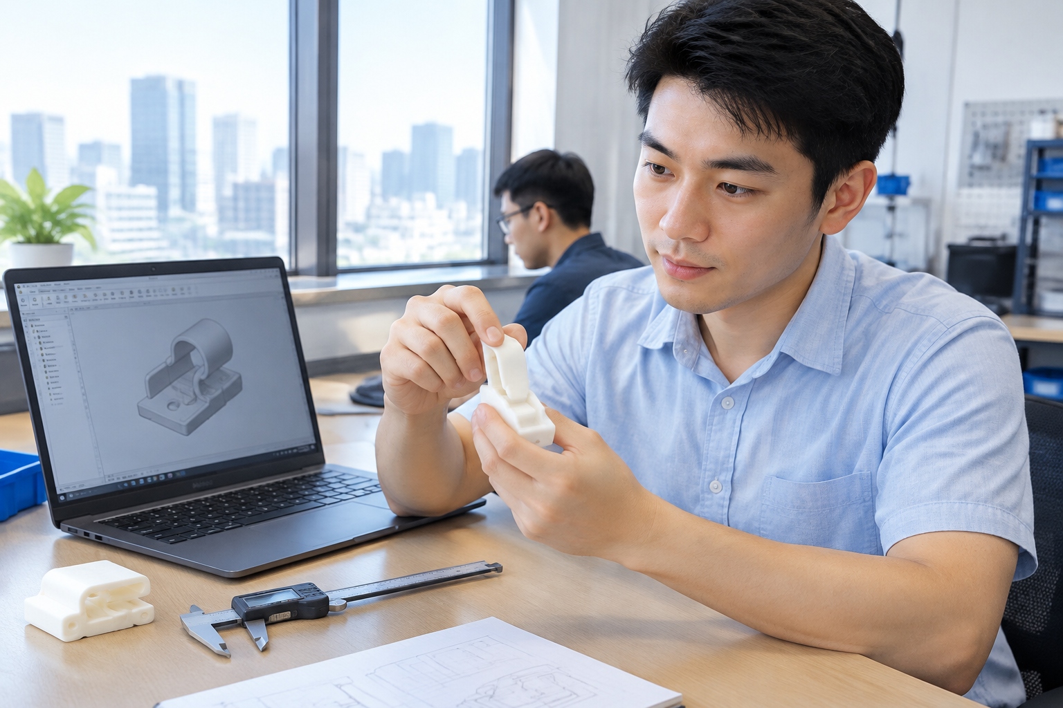 A process engineer in a Shenzhen factory holds a 3D-printed plastic hand sample beside a laptop with CAD software and calipers.