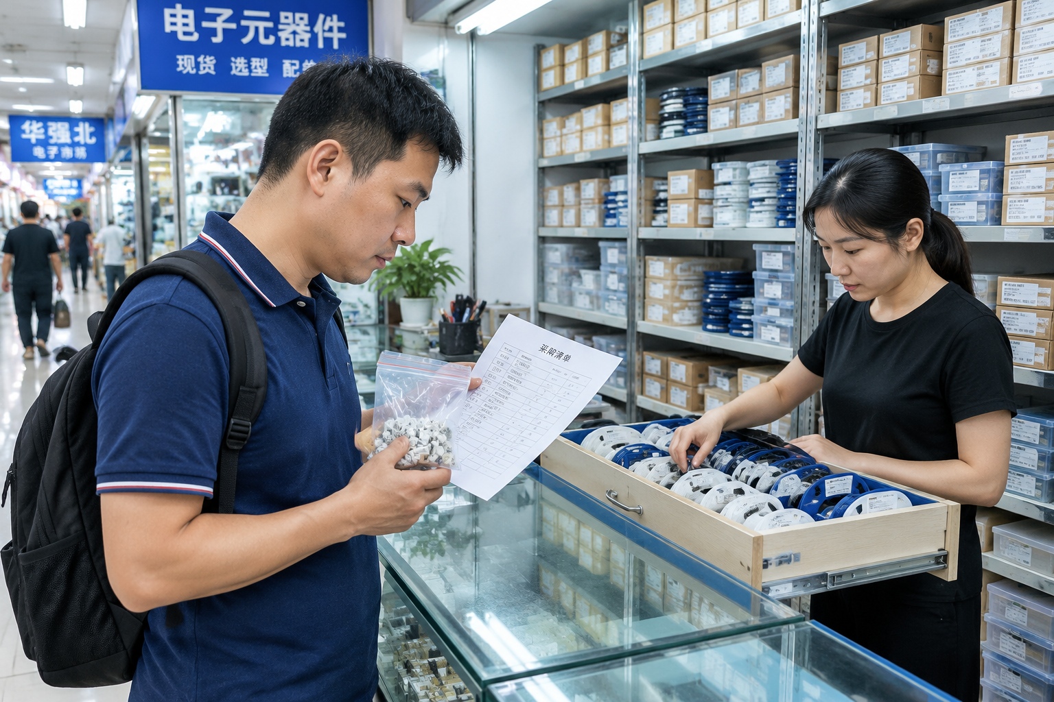 A procurement worker checks a clear bag of small connectors at a crowded component counter in Huaqiangbei, Shenzhen.