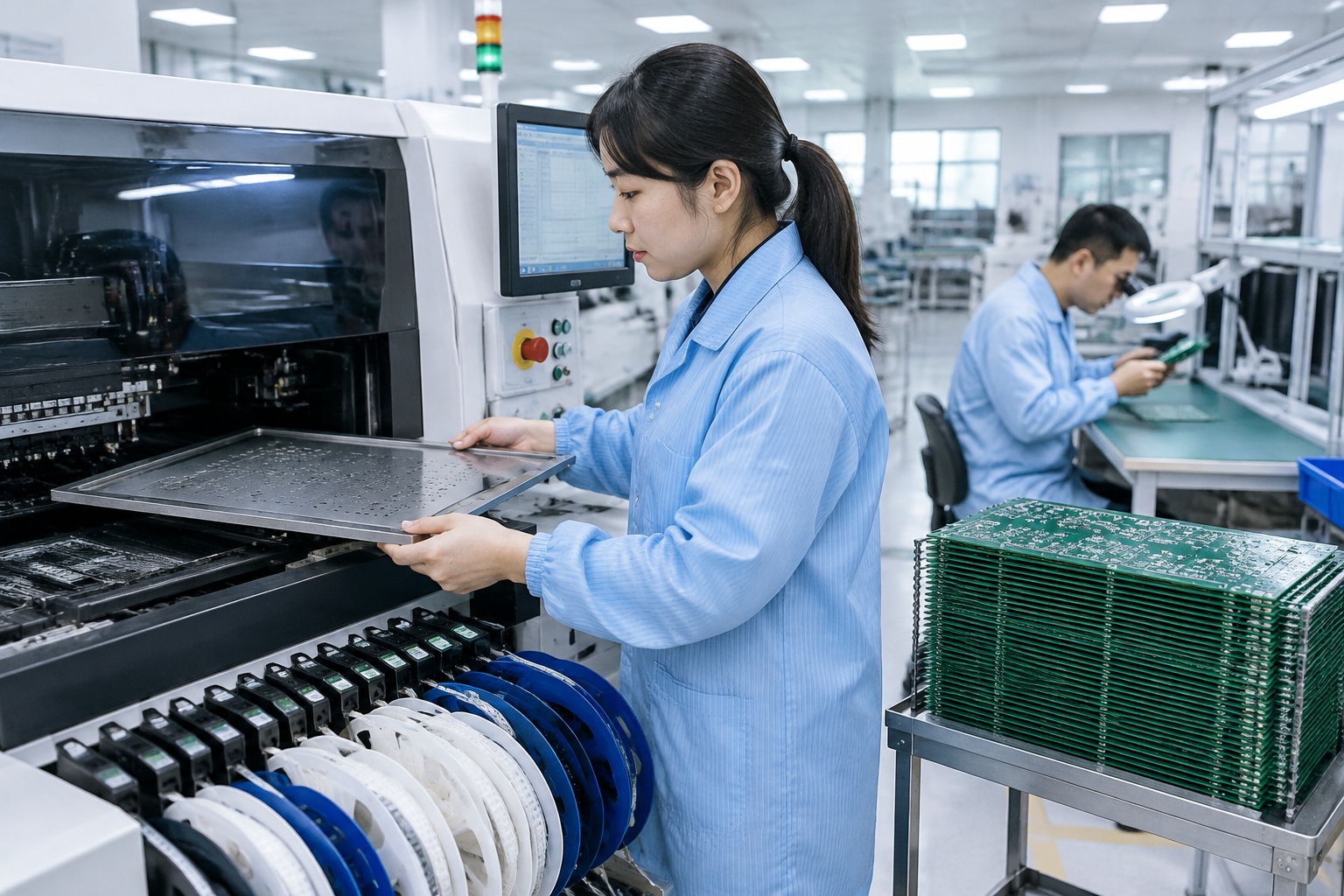 A technician loads a stencil into a pick-and-place machine on an SMT line in a Shenzhen electronics factory, with PCB panels nearby.