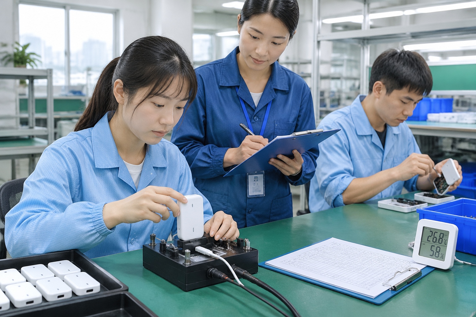 A young worker tests a small white device in a jig while a line leader with a clipboard stands nearby in a Shenzhen electronics factory.
