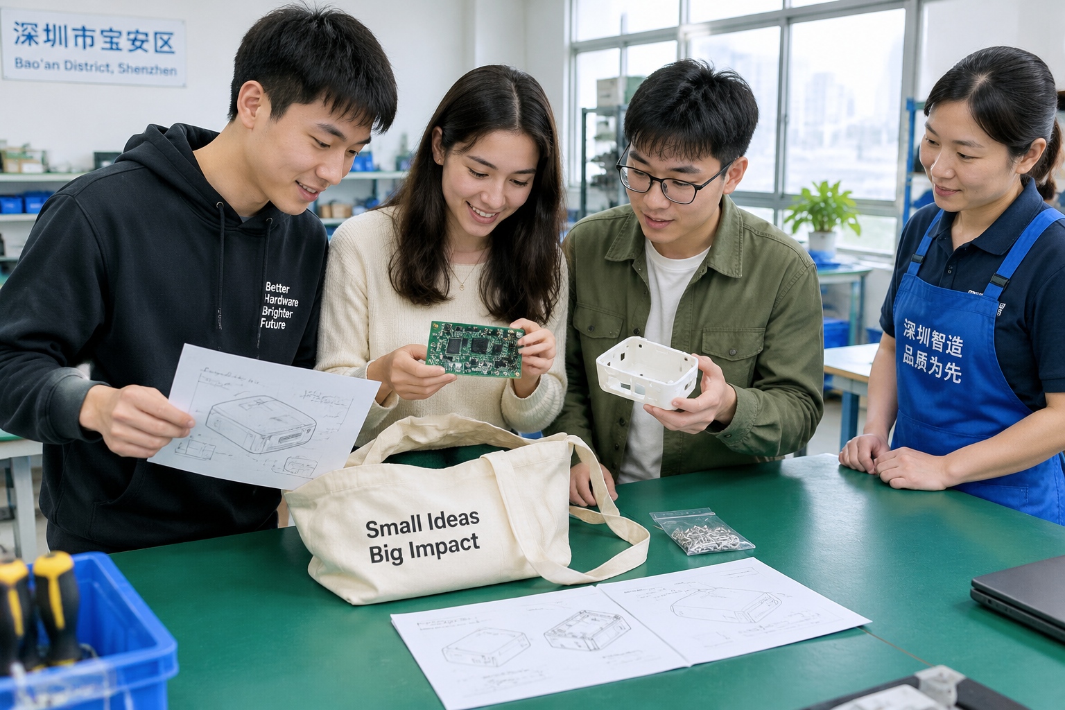 Three young hardware entrepreneurs unpack a sketch, circuit board and 3D-printed shell on a workshop bench in Shenzhen while a technician looks on
