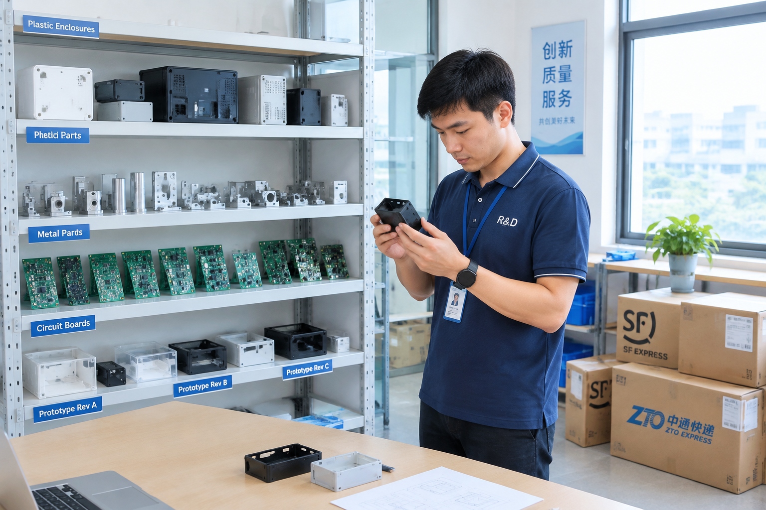 An engineer checks a prototype part in a Guangdong sample room filled with plastic enclosures, circuit boards and labeled revision samples