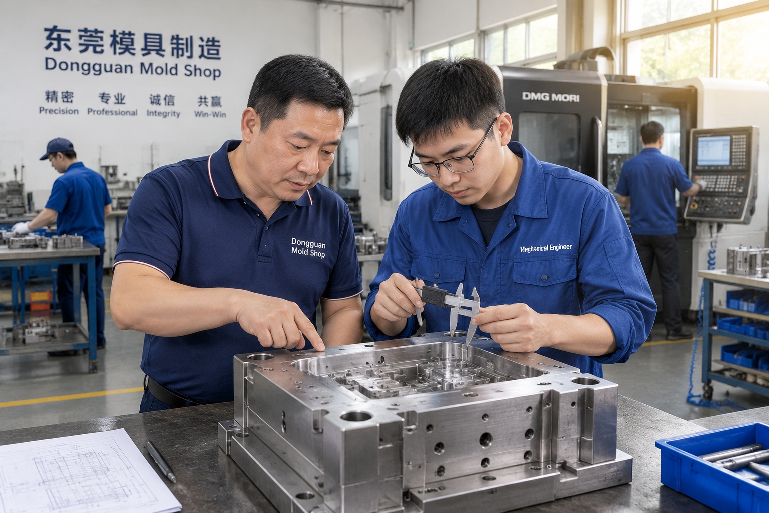 A mold shop owner and a young mechanical engineer measure a metal mold with a caliper in a Dongguan workshop