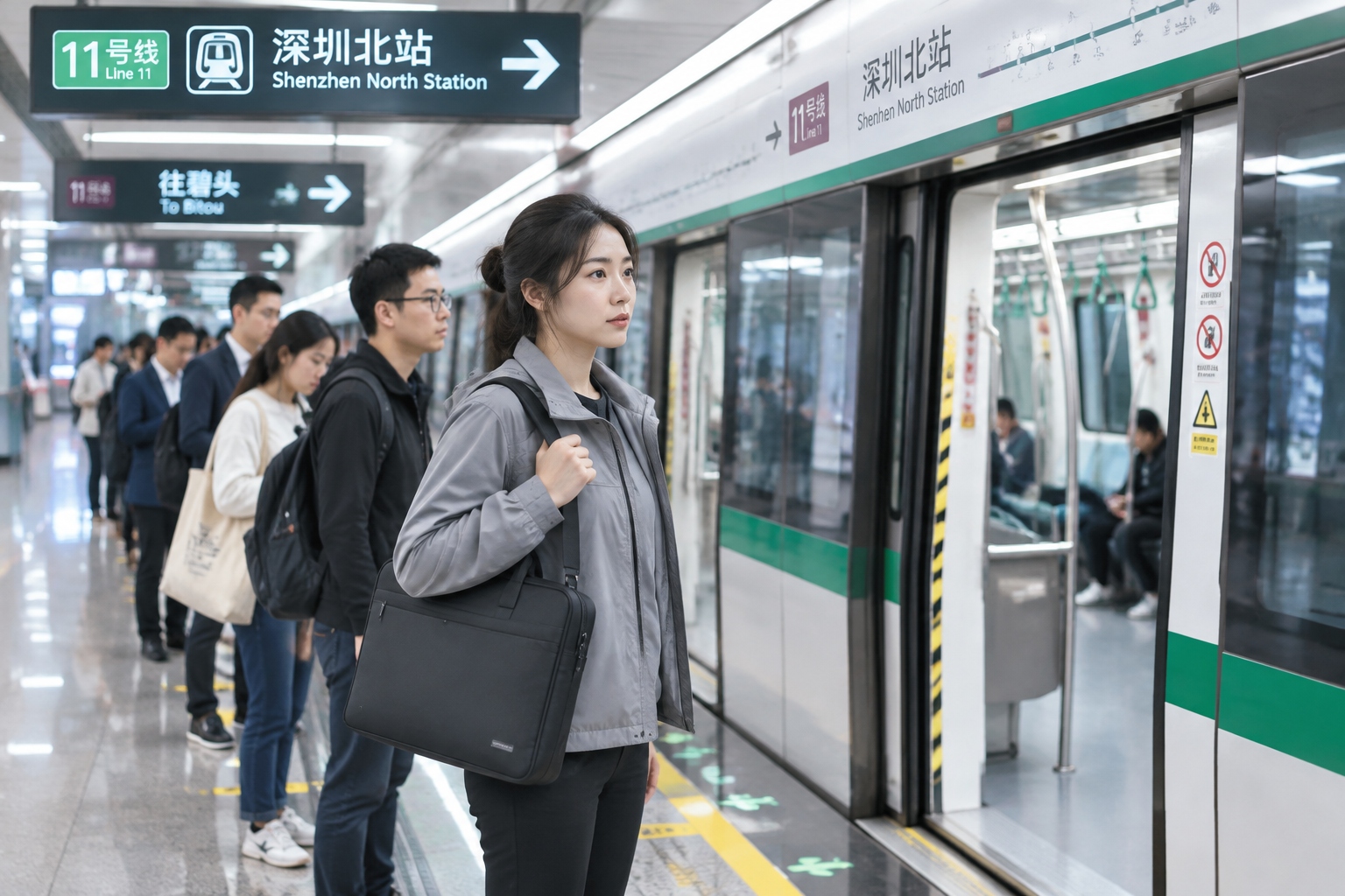 Commuters queue behind lit floor markings on a Shenzhen metro platform during the weekday morning rush hour