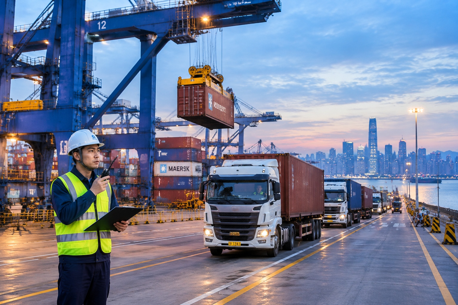 Gantry cranes and trucks working in timed arrival lanes at a container terminal in Yantian, Shenzhen, at dusk