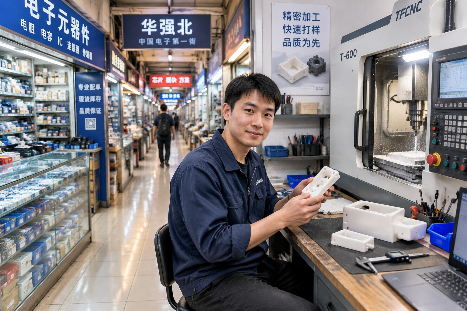 A technician holds a freshly machined prototype beside a CNC machine near the electronics stalls of Huaqiangbei in Shenzhen