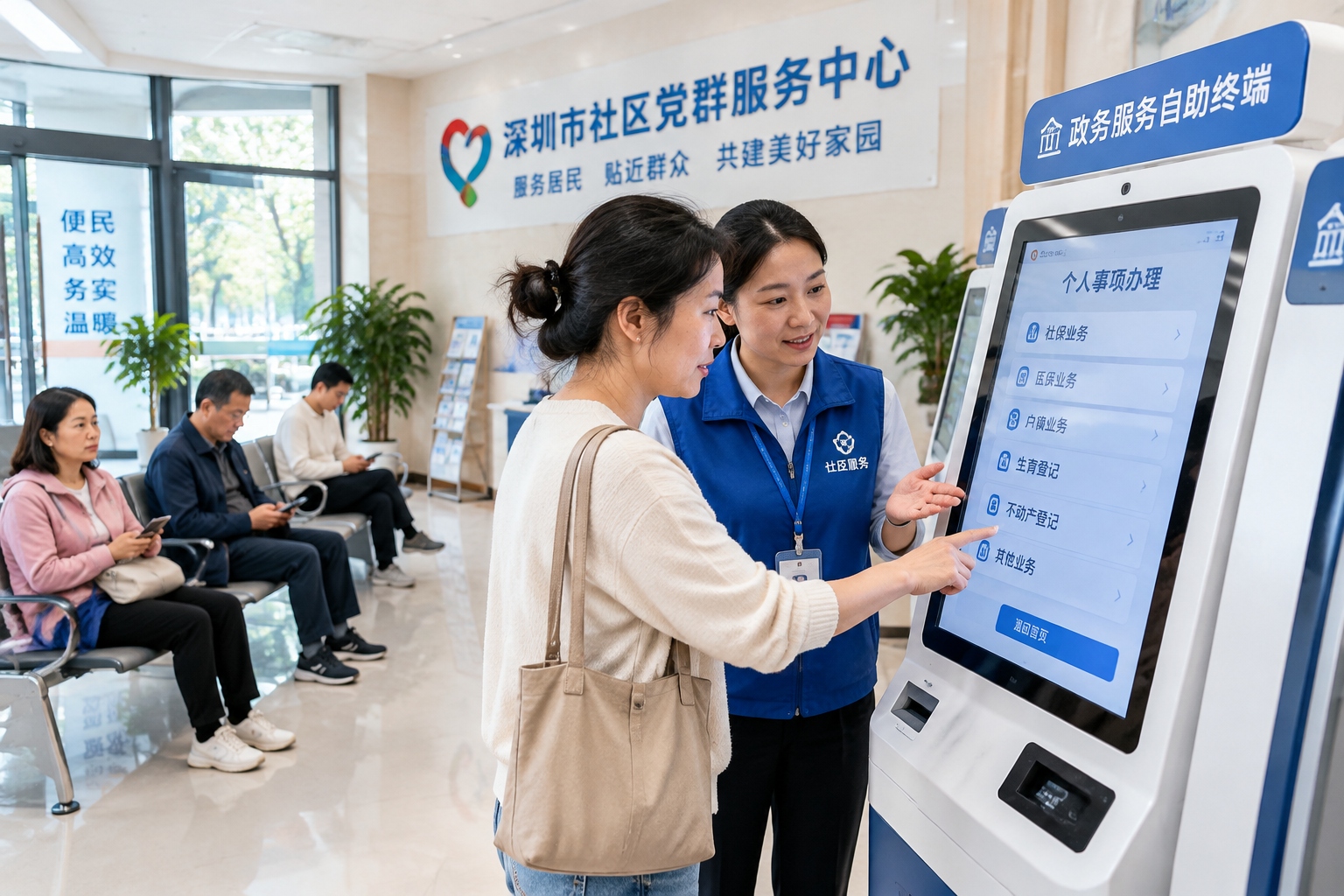 A resident uses a self-service government kiosk while a staff member explains a form at a Shenzhen community service center