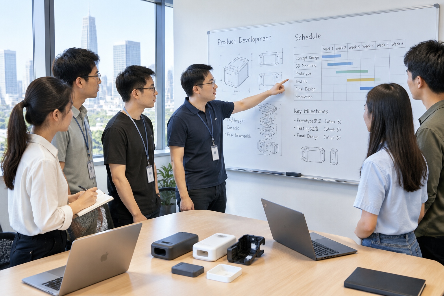Engineers hold a short morning stand-up around a whiteboard of sketches and schedules in a Shenzhen hardware company office