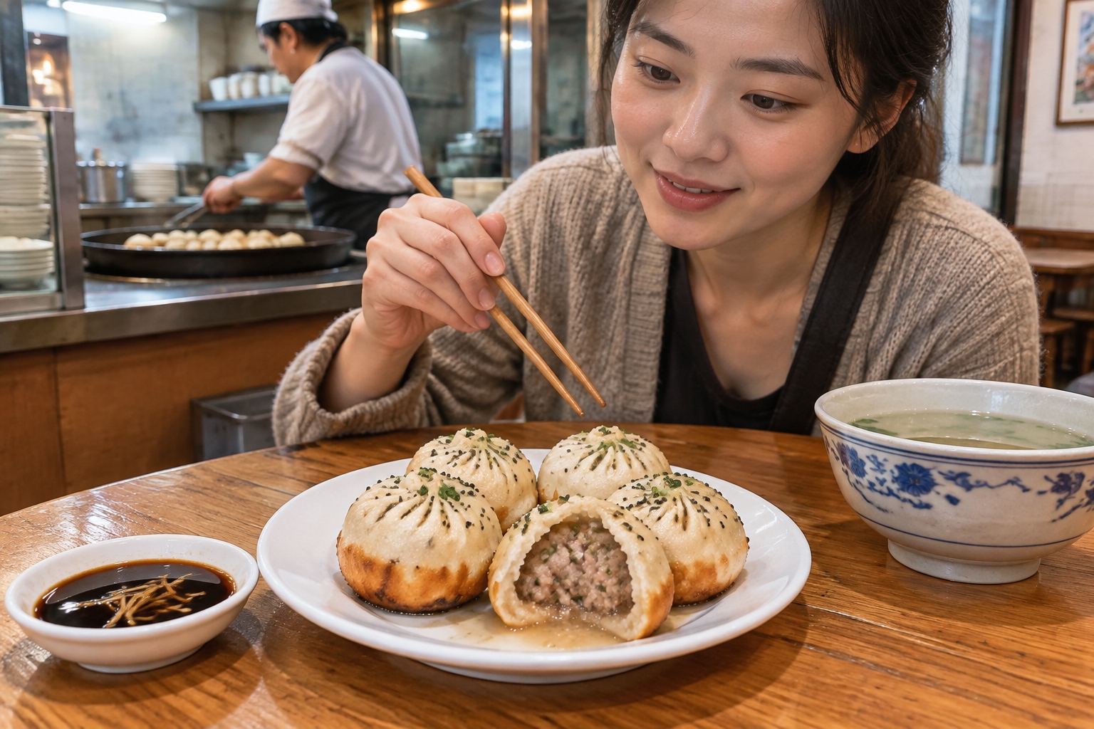 Four shengjianbao with browned bases beside a bowl of soup and a small dish of vinegar.