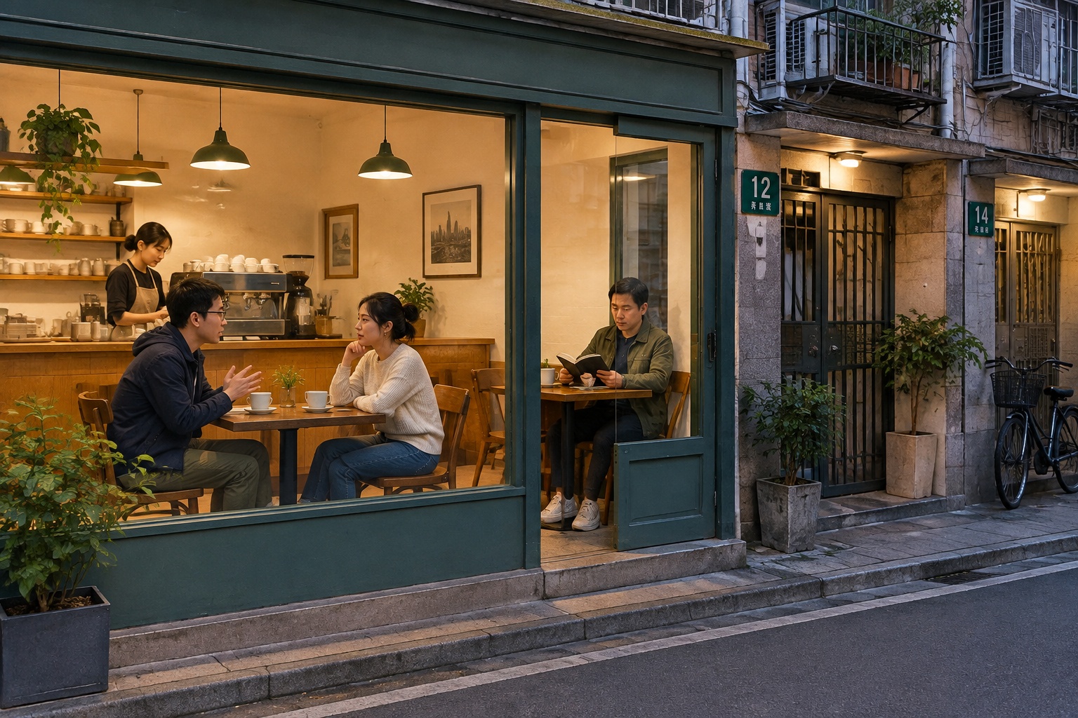 Two people talk over coffee while another reads beside the window of a small café at night.