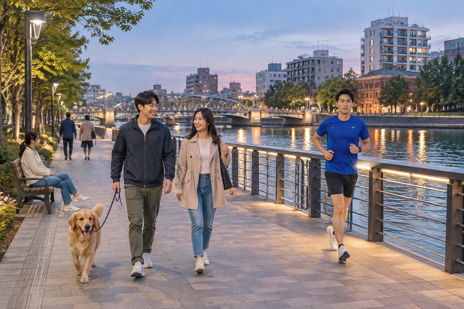 People walk, jog and lead a dog along a lit riverside path beside Suzhou Creek.