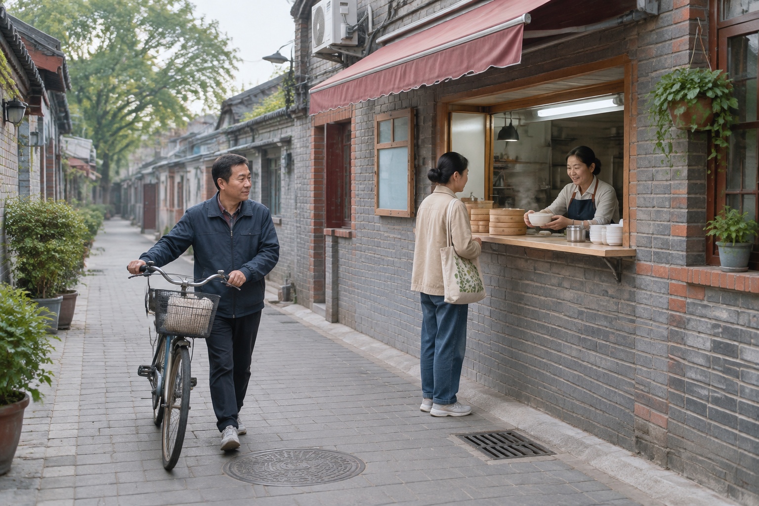 Illustration of residents passing a small breakfast shop at the entrance to a Shanghai longtang.