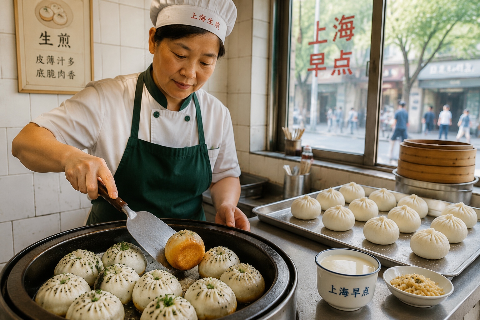 Illustration of a cook lifting a shengjianbao to show its browned base beside a cup of soy milk.