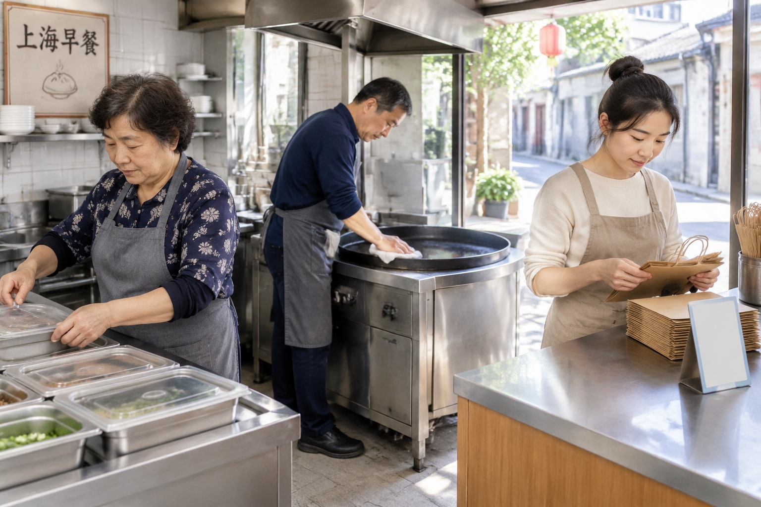 Illustration of three family members checking ingredients, cleaning a pan, and counting bags after breakfast service.