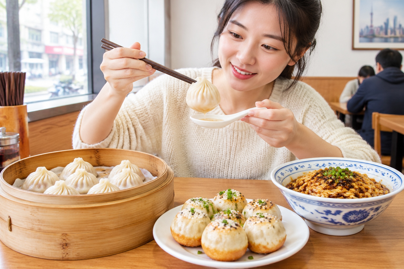 Xiaolongbao, pan-fried shengjianbao and scallion oil noodles on a Shanghai breakfast table.