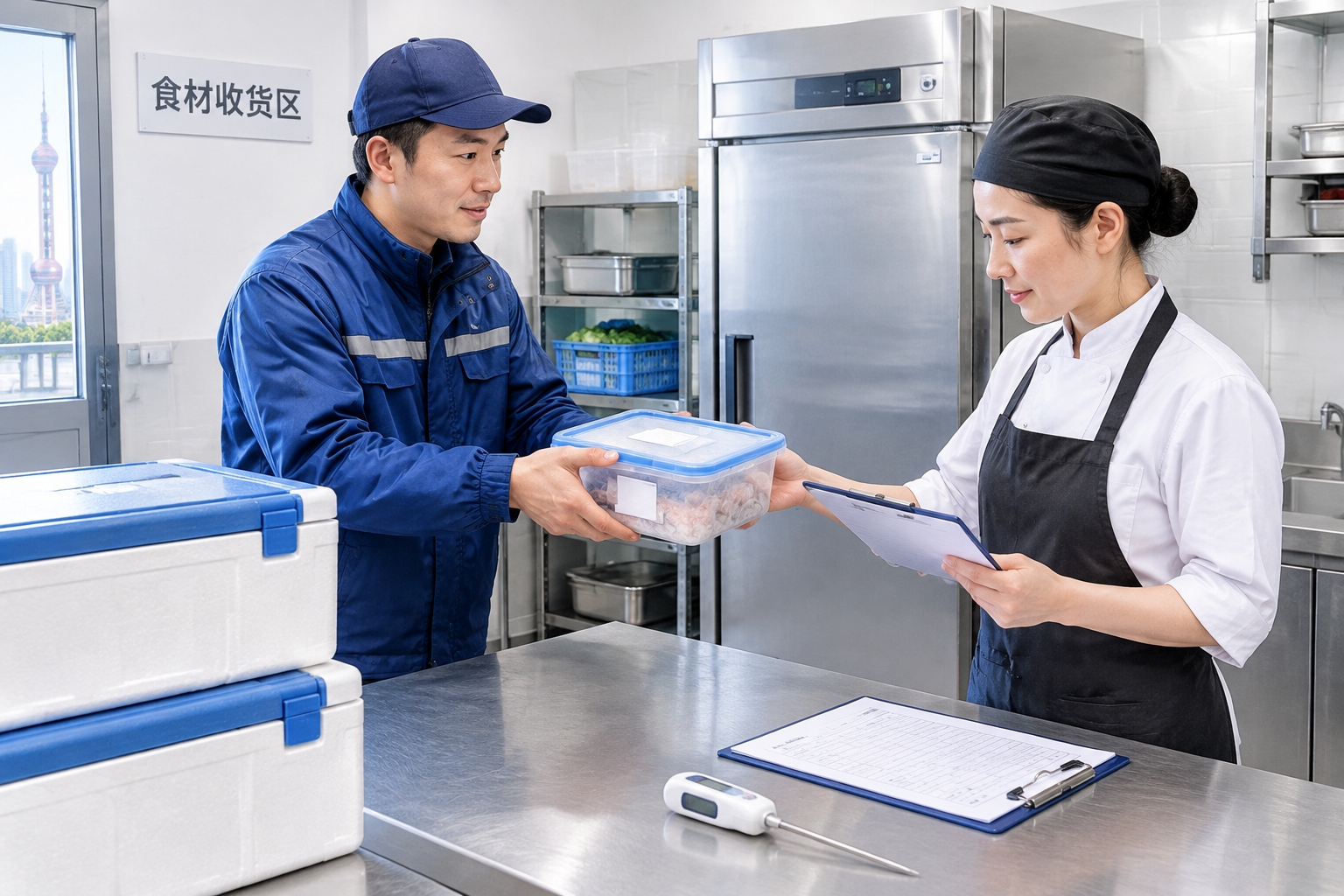 A kitchen employee checks a chilled ingredient delivery at a Shanghai restaurant receiving counter.