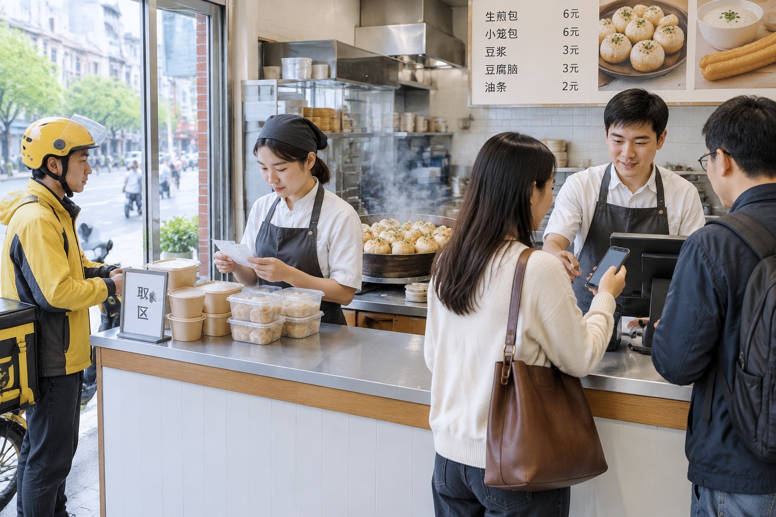 Shanghai breakfast shop staff pack takeaway orders while a delivery rider waits and customers order at the counter.