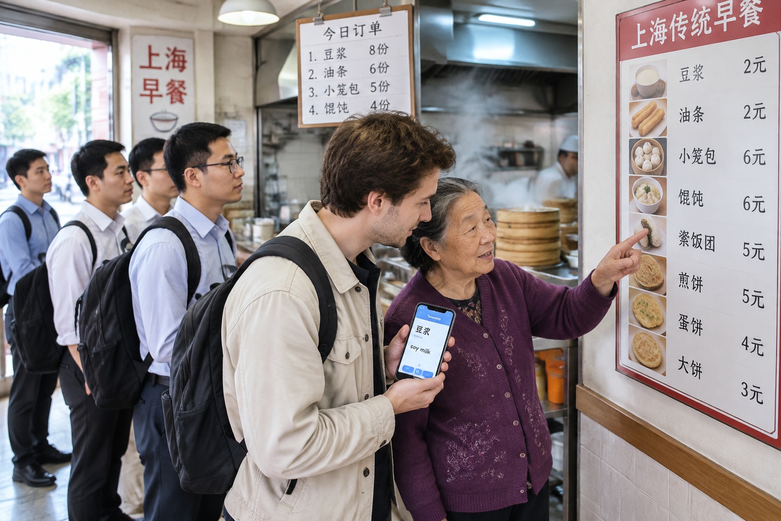 An elderly Shanghai woman in a purple cardigan points at a Chinese breakfast menu board while a young foreign man holds up his phone to translate, with office workers queueing behind them