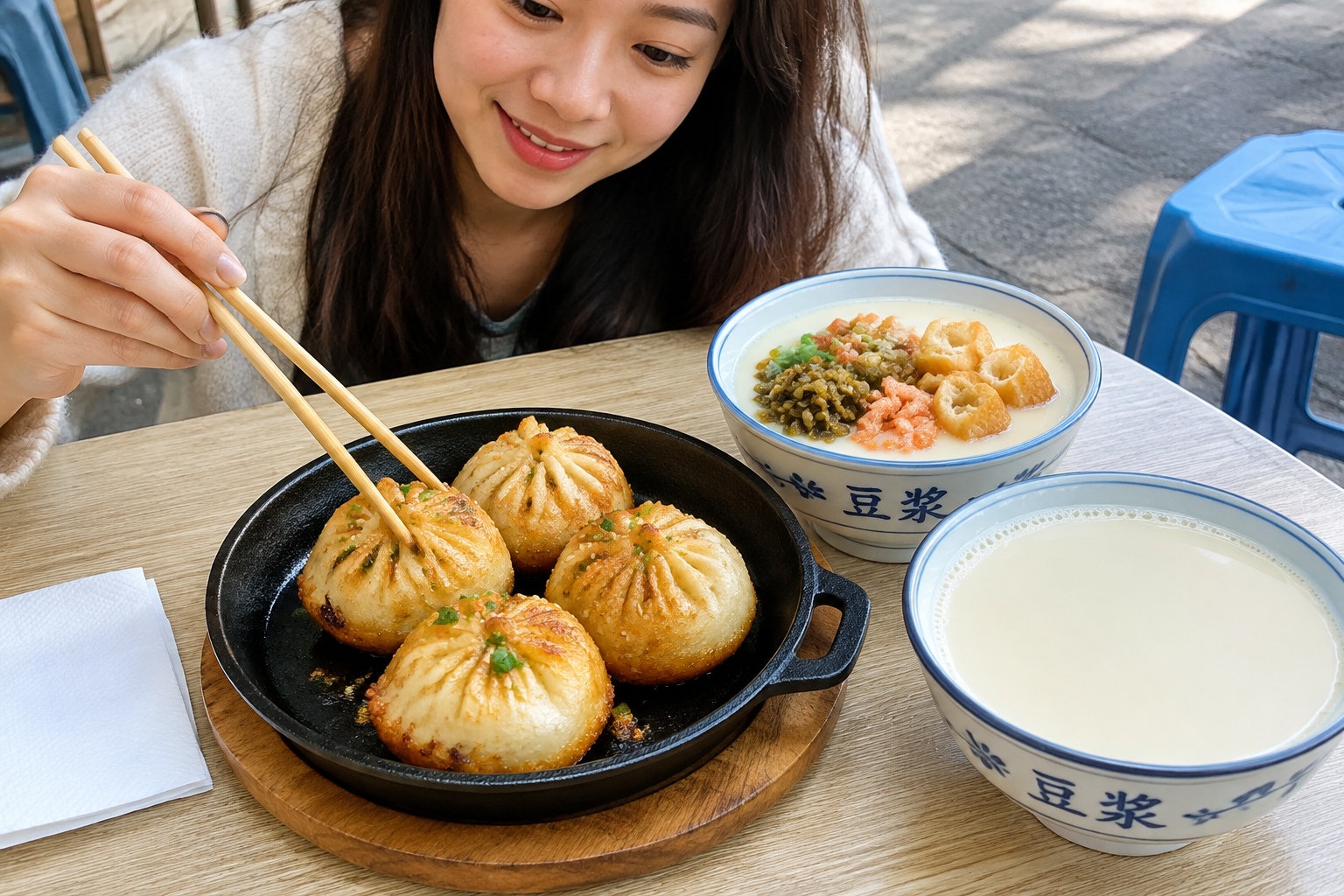 Four golden pan-fried shengjian bao in a black cast-iron pan next to two bowls of soy milk on a small Shanghai breakfast shop table, one of them savory with shrimp and pickled vegetable