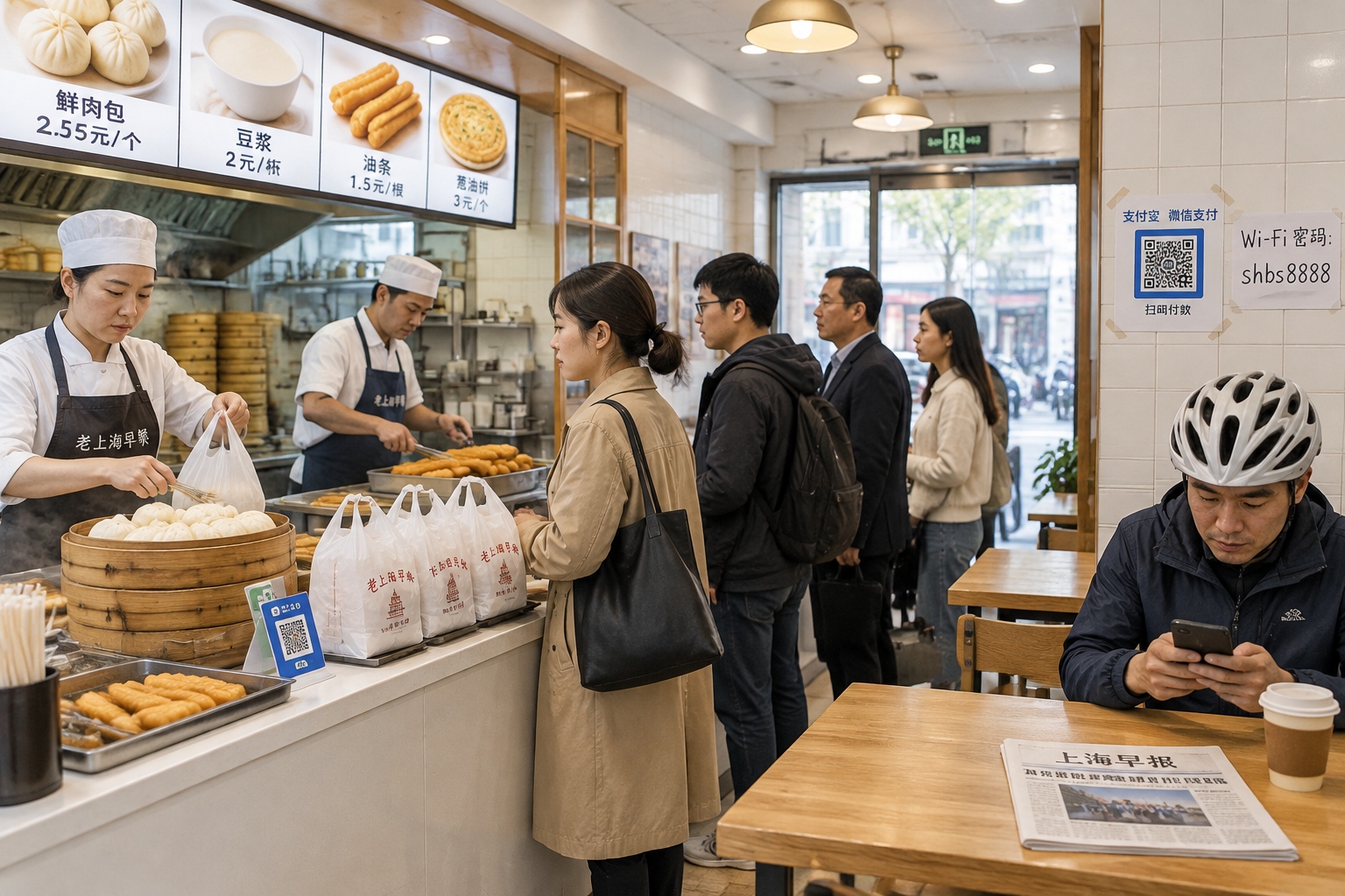 Interior of a busy Shanghai breakfast shop at morning rush hour with commuters queueing at the counter, takeaway bags waiting and a QR payment code taped to the tiled wall