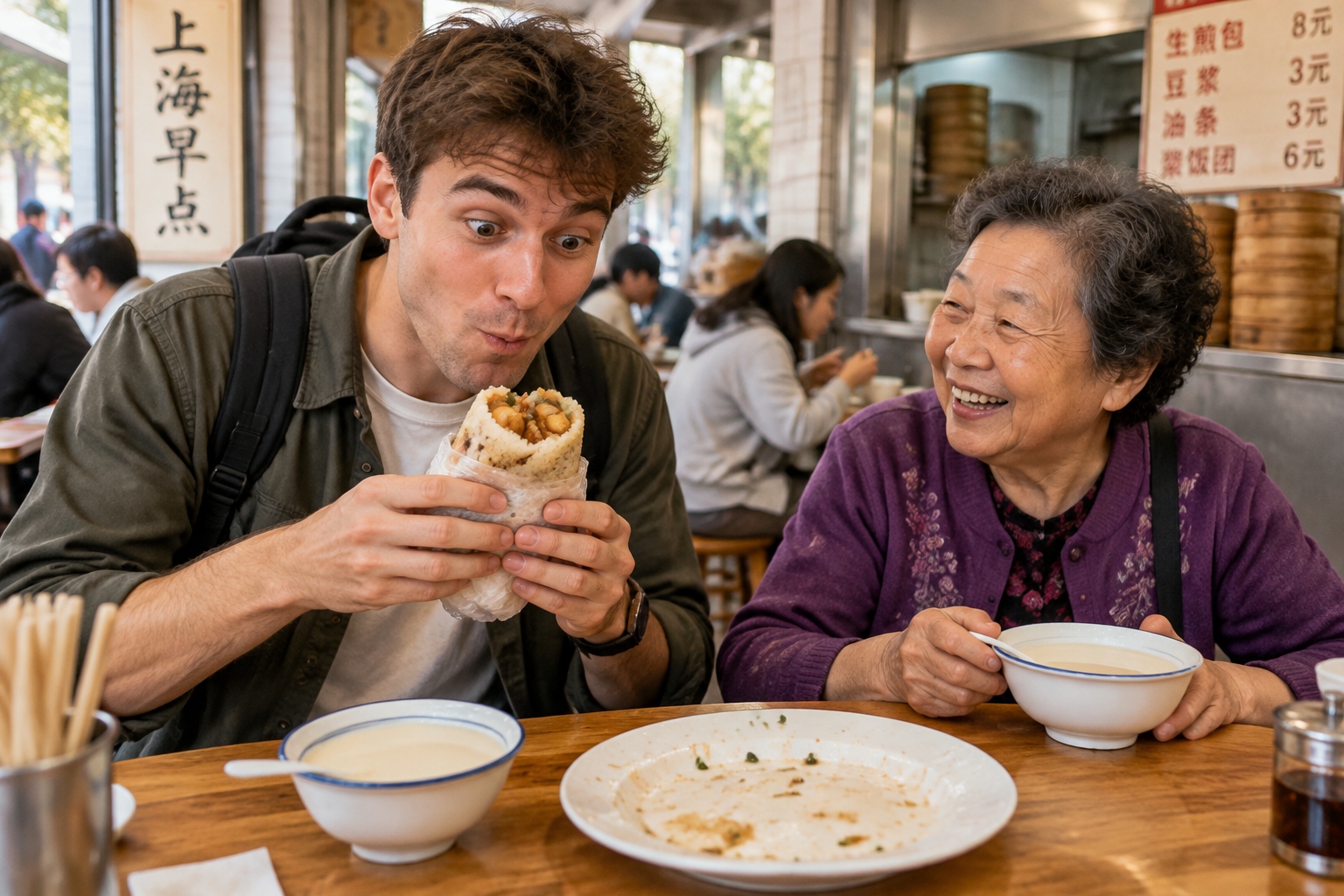 A young foreign tourist bites into a sticky rice roll cifantuan at a shared table in a Shanghai breakfast shop while an older local woman beside him laughs