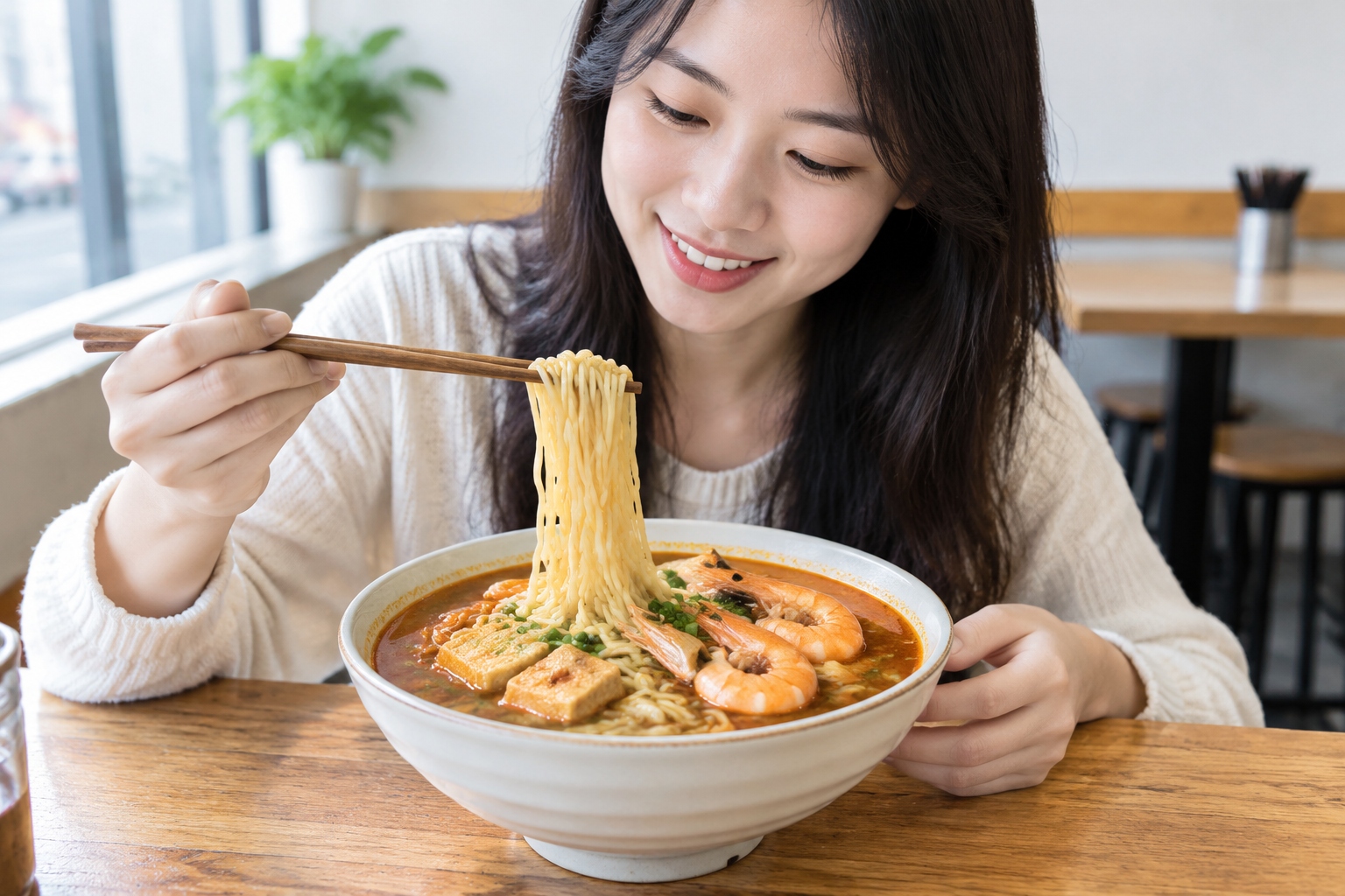A bowl of Xiamen shacha noodles with tofu and shrimp in reddish-brown broth.