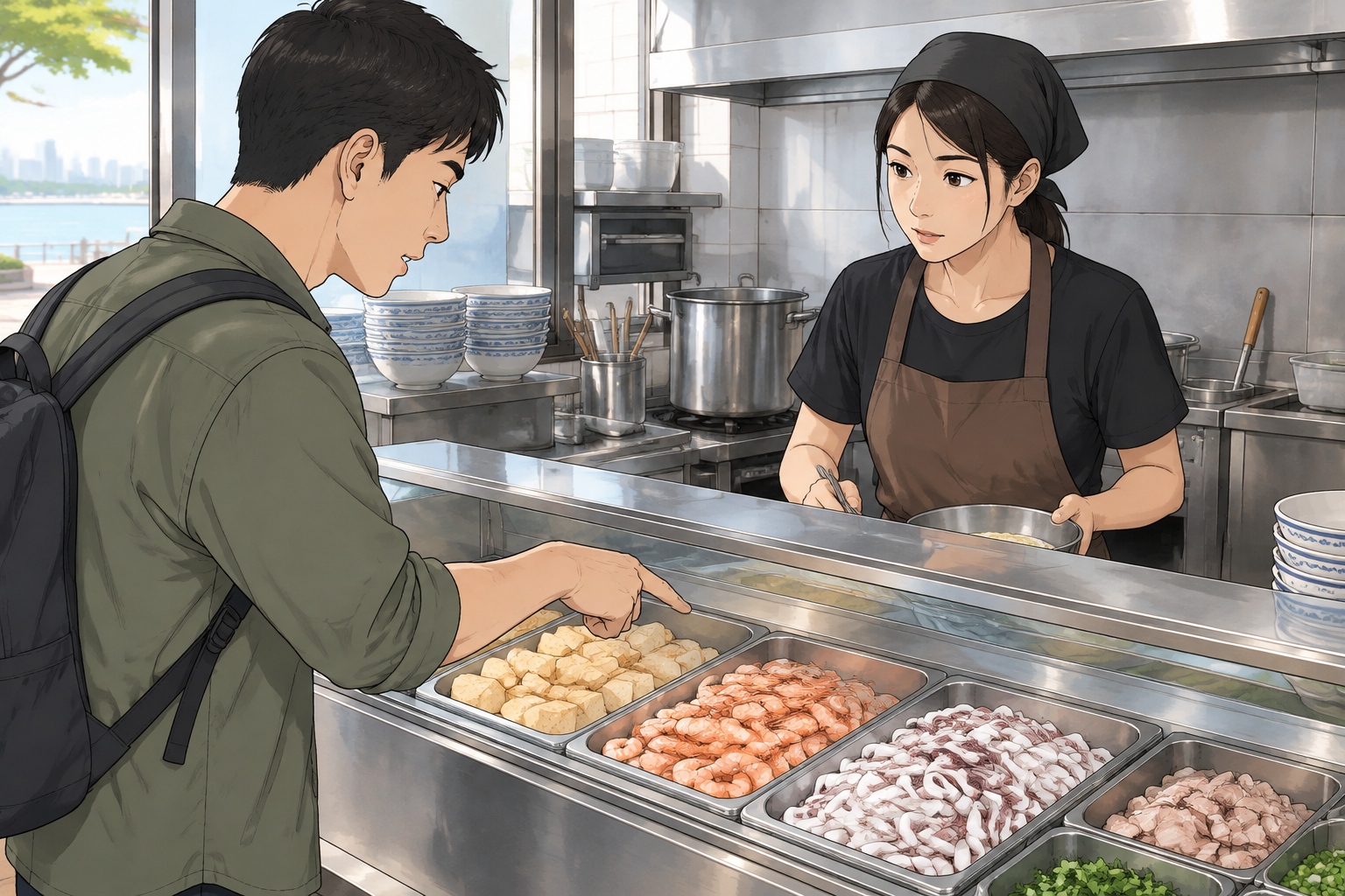 A customer points to toppings at an ingredient counter in a Xiamen noodle shop.