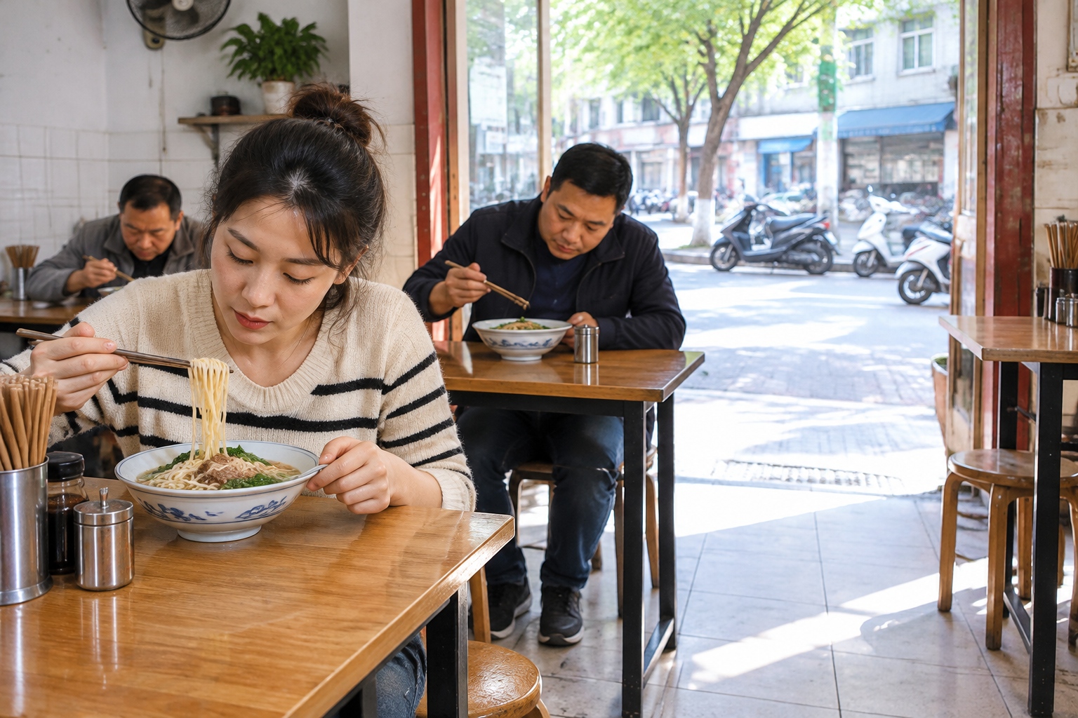 Diners eat noodle soup at simple tables in a neighborhood restaurant in Xiamen.