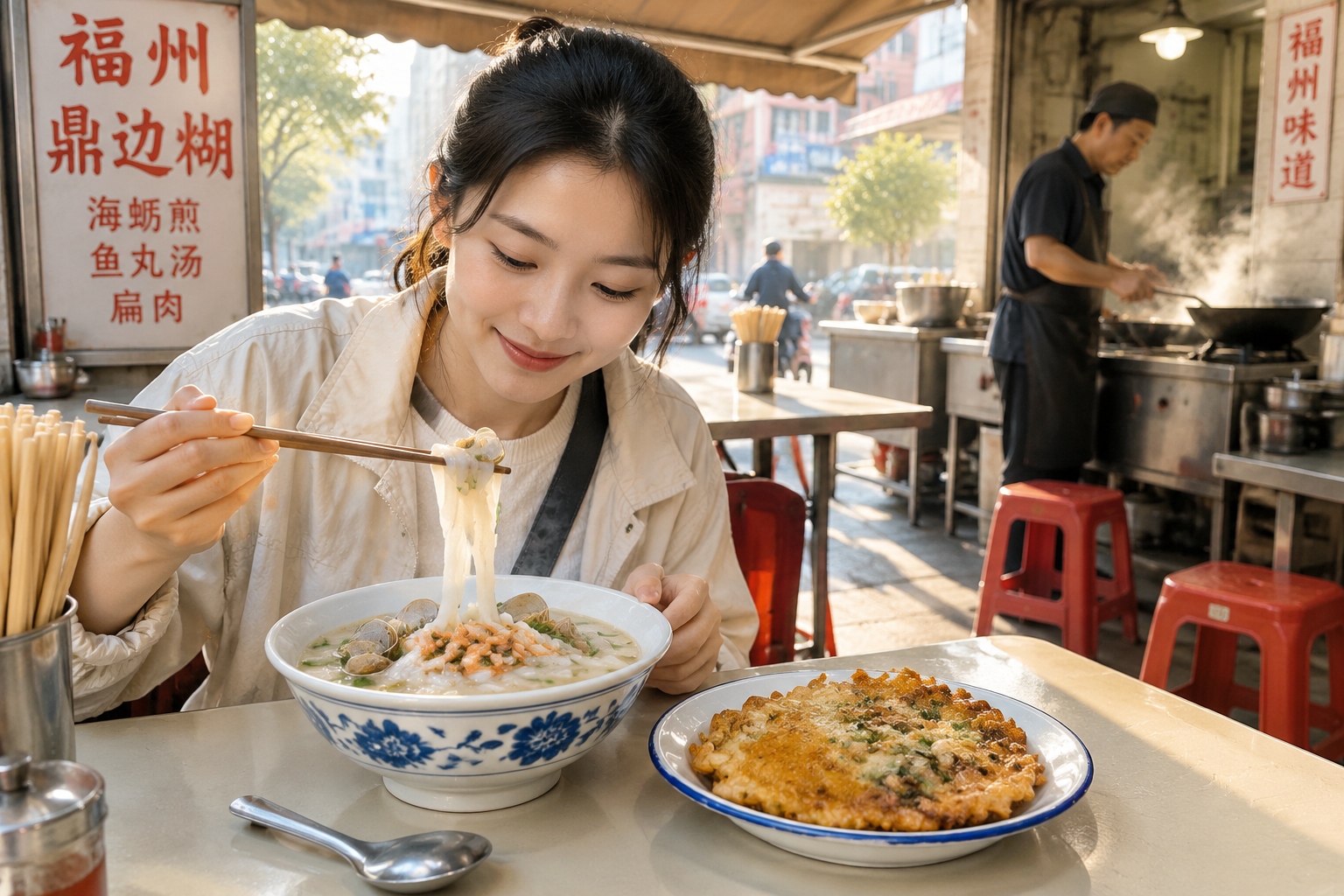 A bowl of Fuzhou ding bian hu rice batter soup with an oyster fritter on a small folding table at a street breakfast stall in the early morning