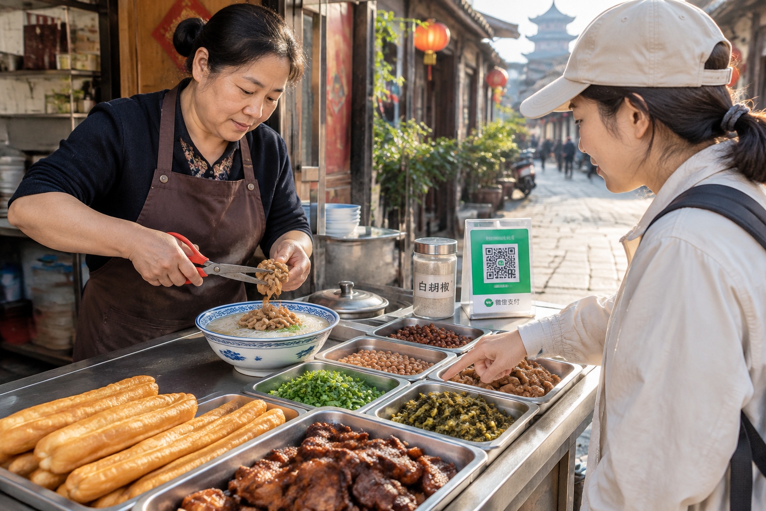 A Quanzhou breakfast vendor using scissors to cut braised pork intestine into a bowl of mian xian hu noodle soup while a customer points at the toppings