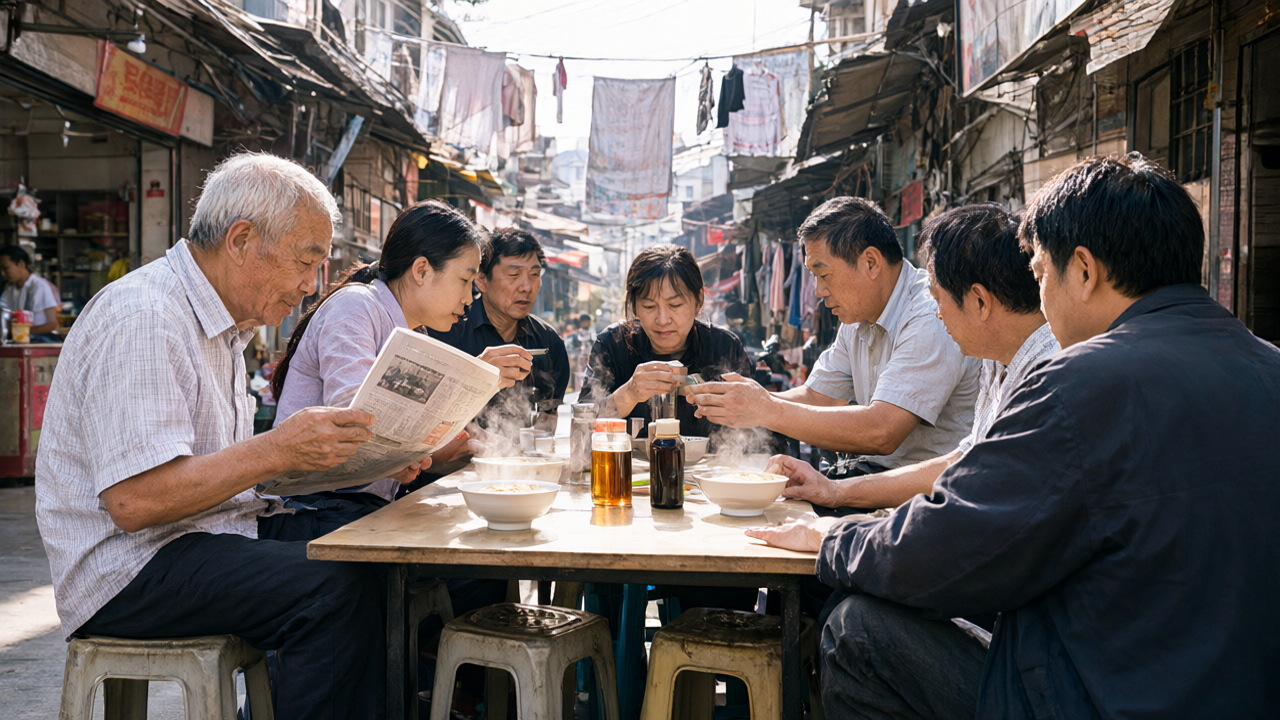 Eight people of different generations sharing one small breakfast table at a Fujian street stall, talking over bowls of noodle soup and tea
