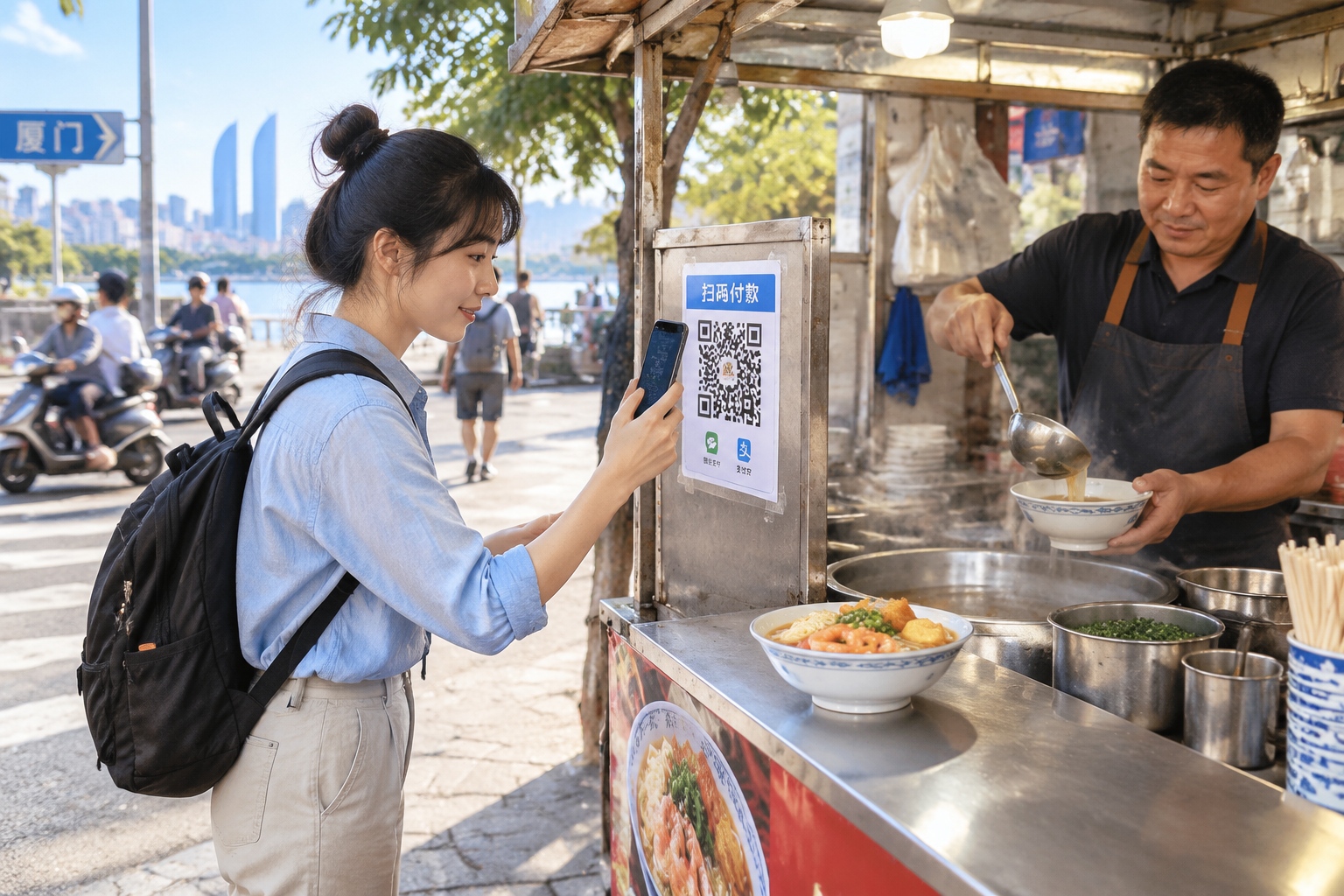 A young office worker in Xiamen paying by QR code at a breakfast cart before eating a bowl of shacha mian noodles on her way to work