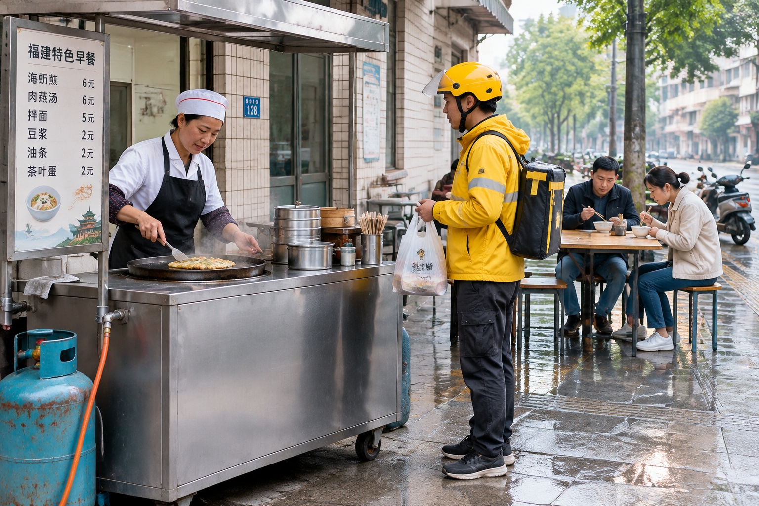 A stainless-steel standardized breakfast cart in a Fujian city with a delivery rider waiting to collect an order while two customers eat at a folding table nearby