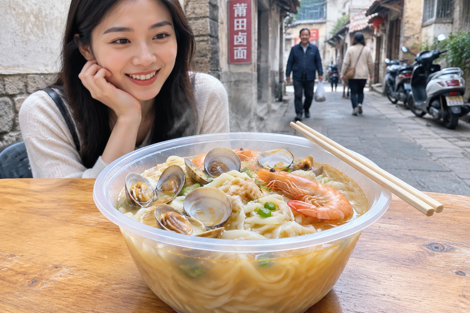 A bowl of Putian braised noodles with clams and shrimp on a small table in a narrow alley, steam rising.