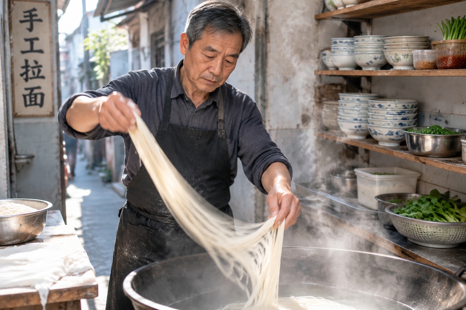 An elderly man hand-pulling noodles in a small kitchen at a Putian noodle shop.